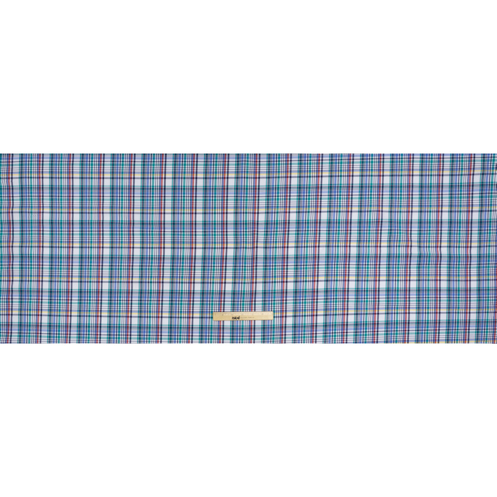 Cotton Twill Shirting - Blue, Green and Navy Colorful Plaid - Deadstock