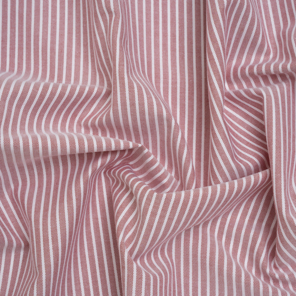 Cotton Oxford Shirting - Dark Red and White Stripes - Designer Deadstock