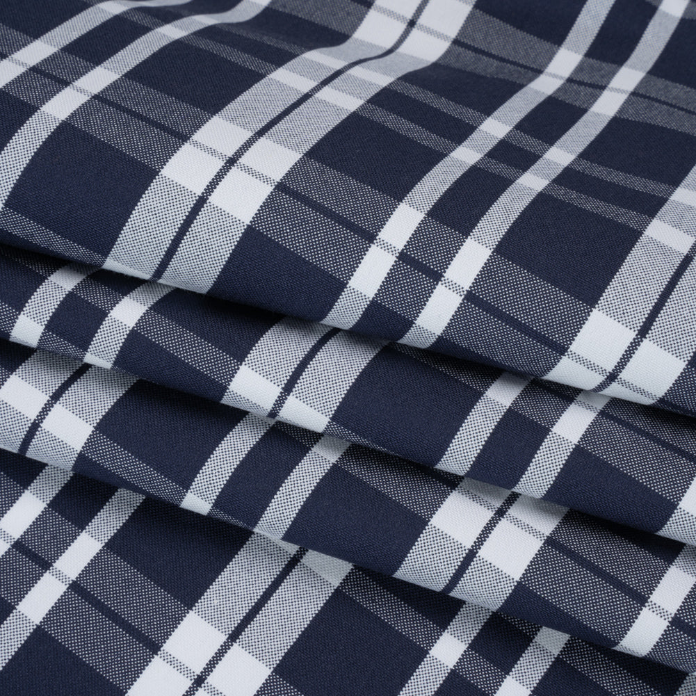 Cotton Oxford Shirting - Dark Blue and White Plaid - Deadstock