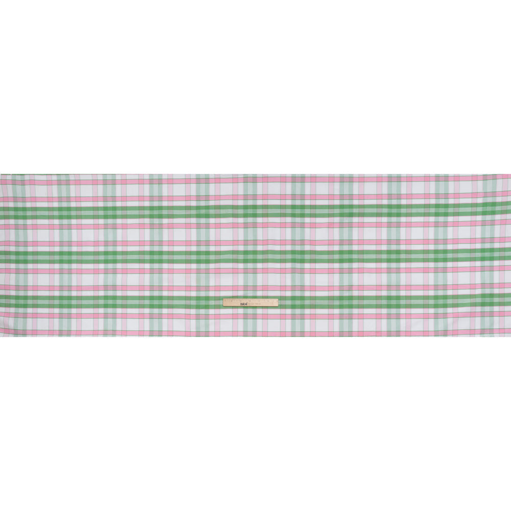 Cotton Oxford Shirting - Bubblegum Pink, Kelly Green and White Plaid - Deadstock