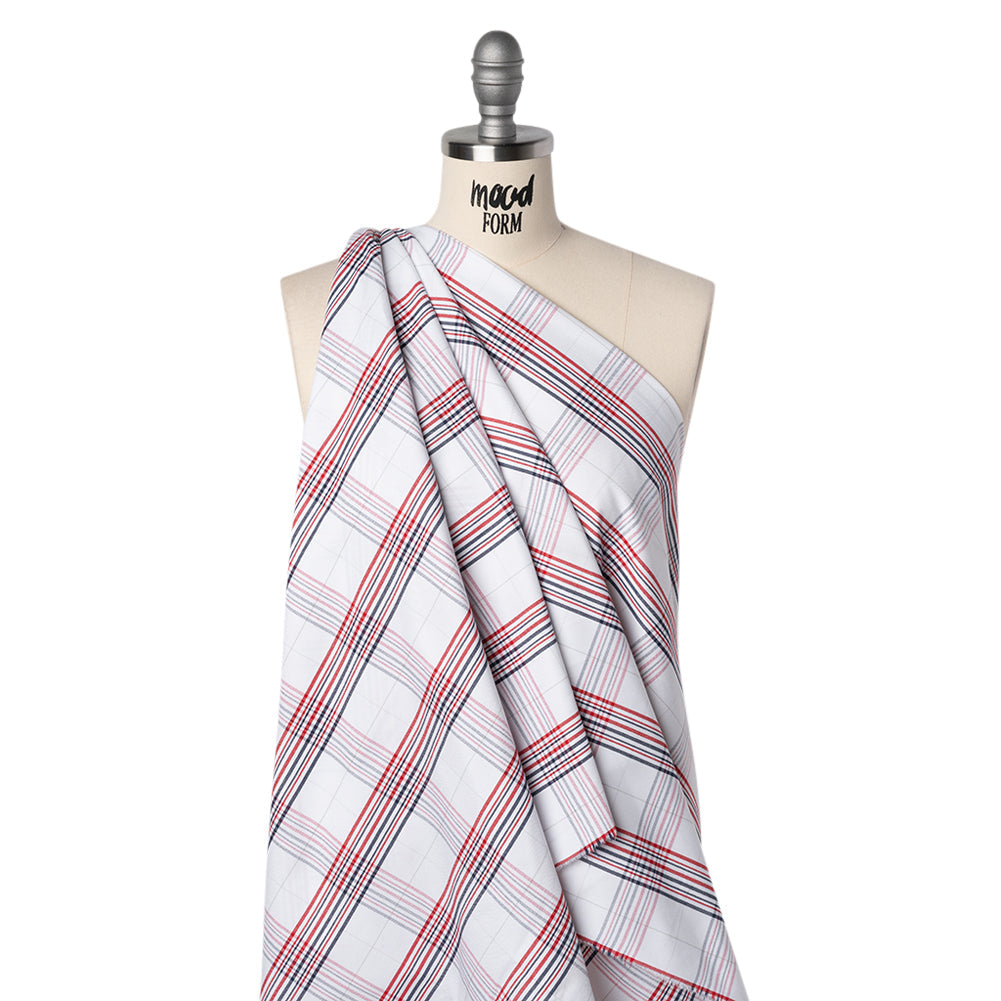 Cotton Oxford Shirting - Navy, Red, and Pale Gray Plaid - Deadstock
