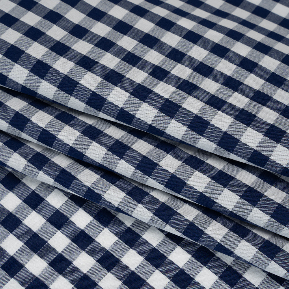 Cotton Gingham Shirting - Dark Teal Blue and White Checks - Deadstock