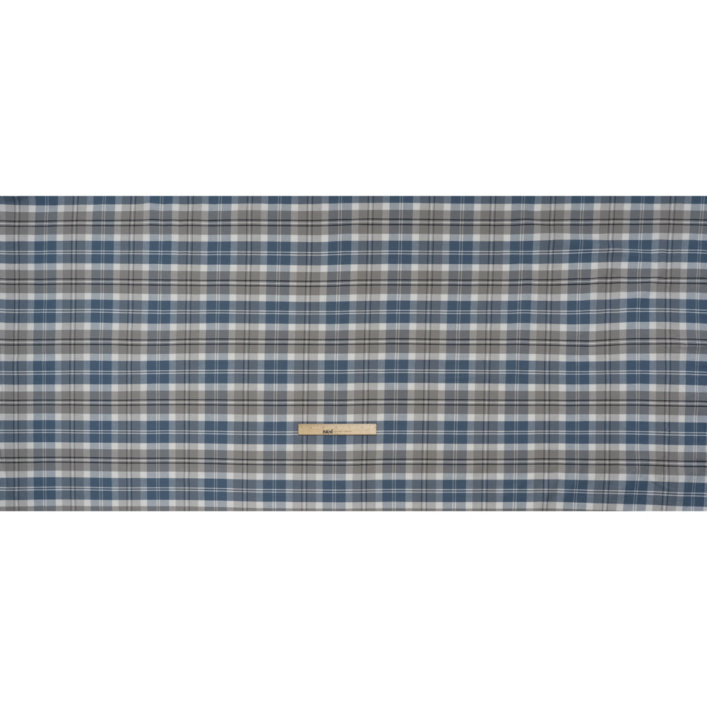 Cotton Oxford Shirting - Country Blue, Steel Gray and Midnight Plaid - Deadstock