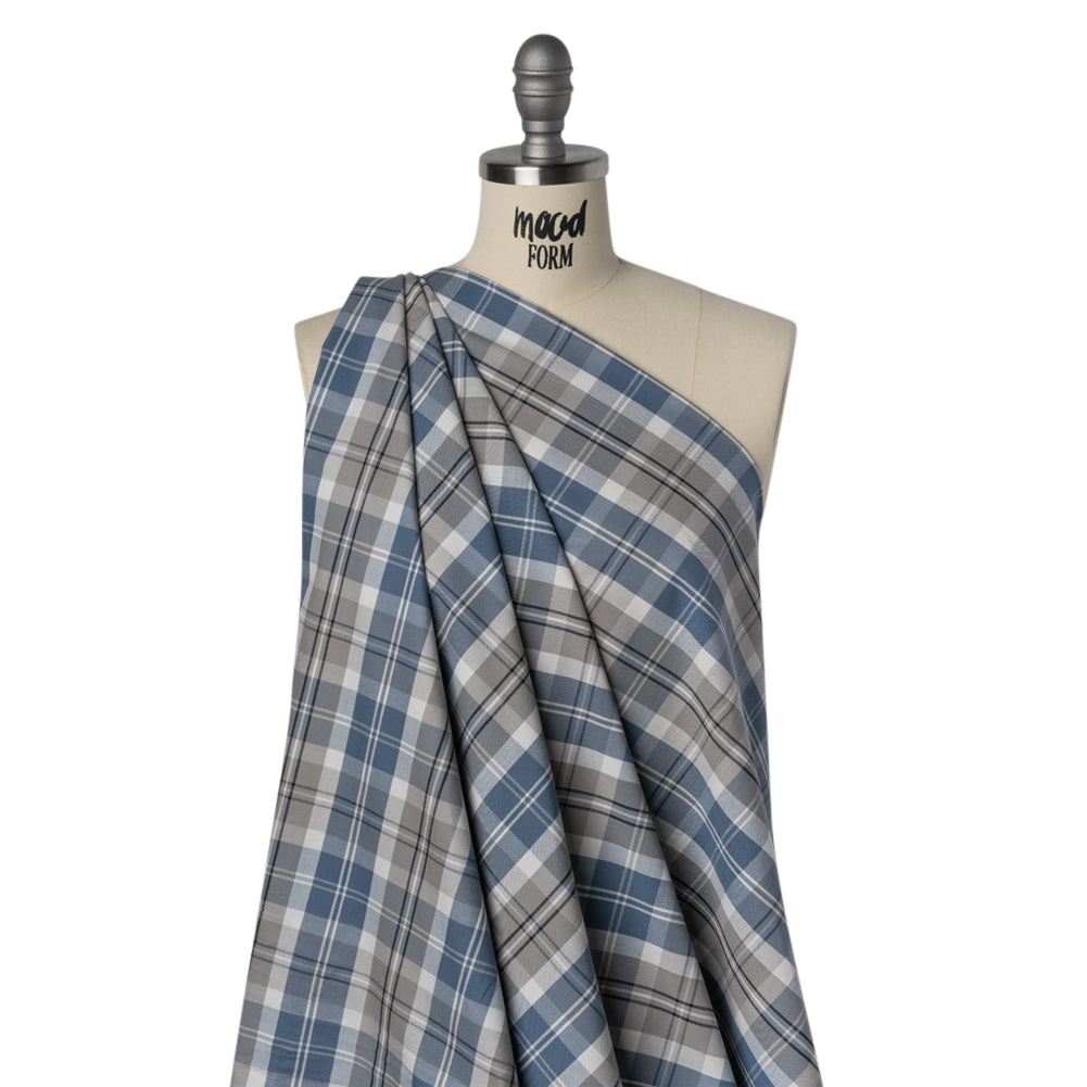 Cotton Oxford Shirting - Country Blue, Steel Gray and Midnight Plaid - Deadstock