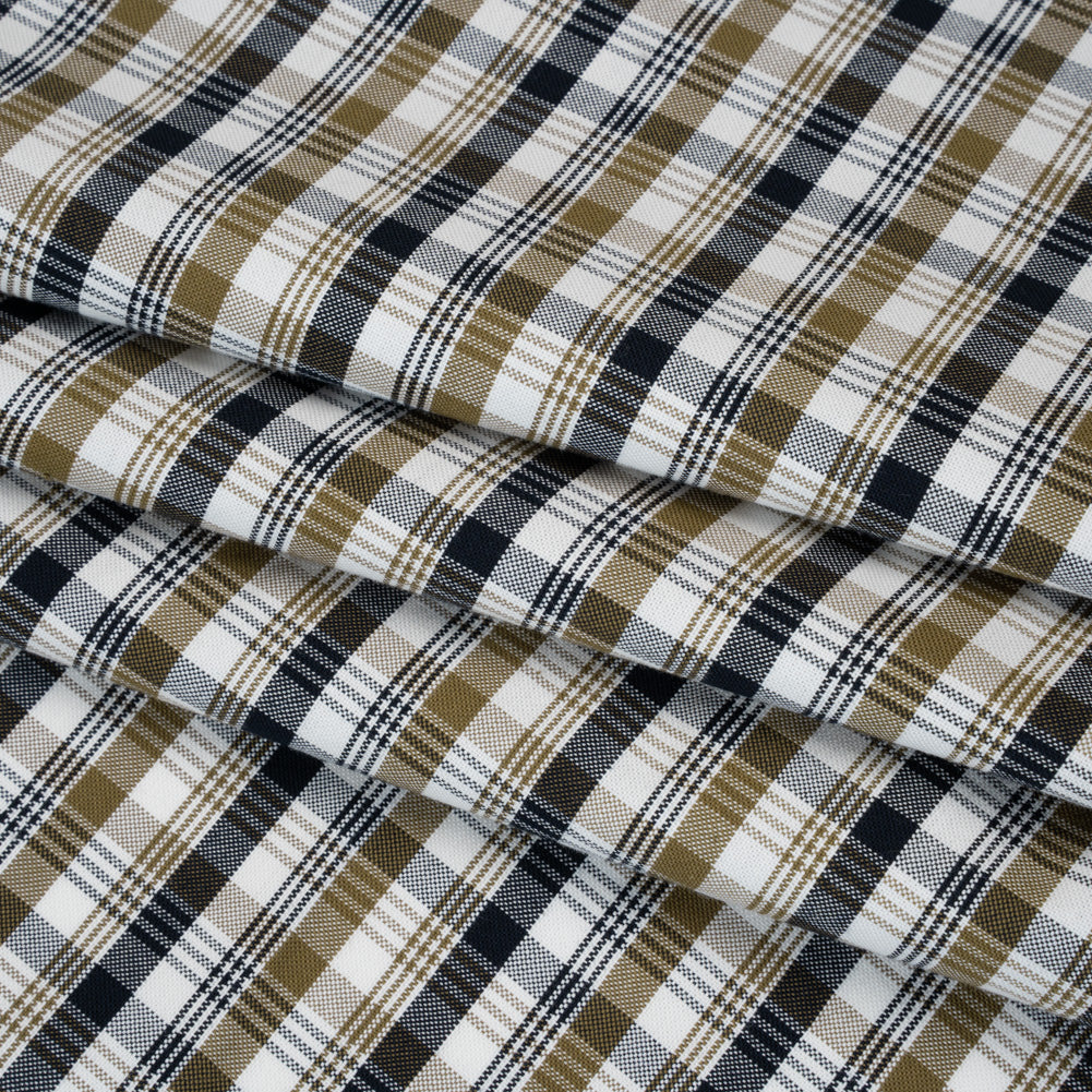 Cotton Oxford Shirting - Midnight Blue, Olive and White Plaid - Deadstock