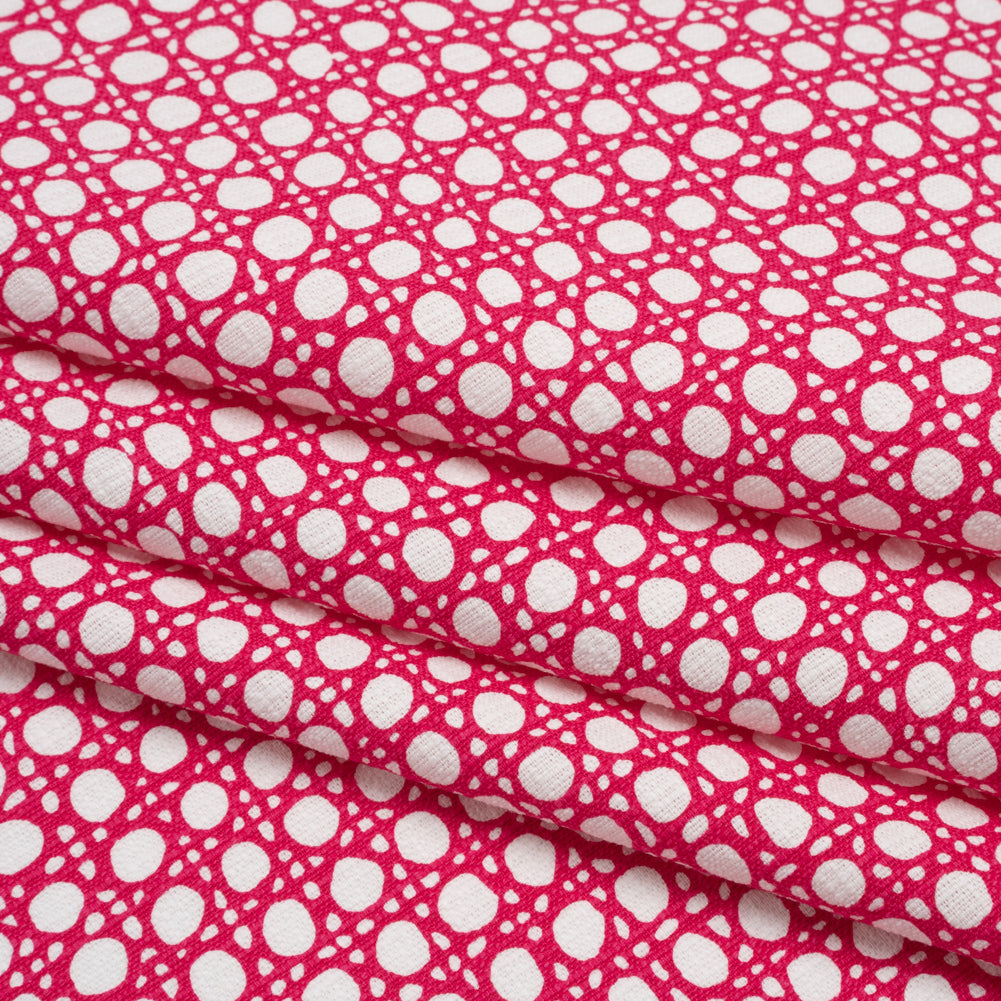 Textured Stretch Cotton Basketweave Panel by Trina Turk - Hot Pink and White Circle Grid and Printed Fringe Border - Designer Deadstock