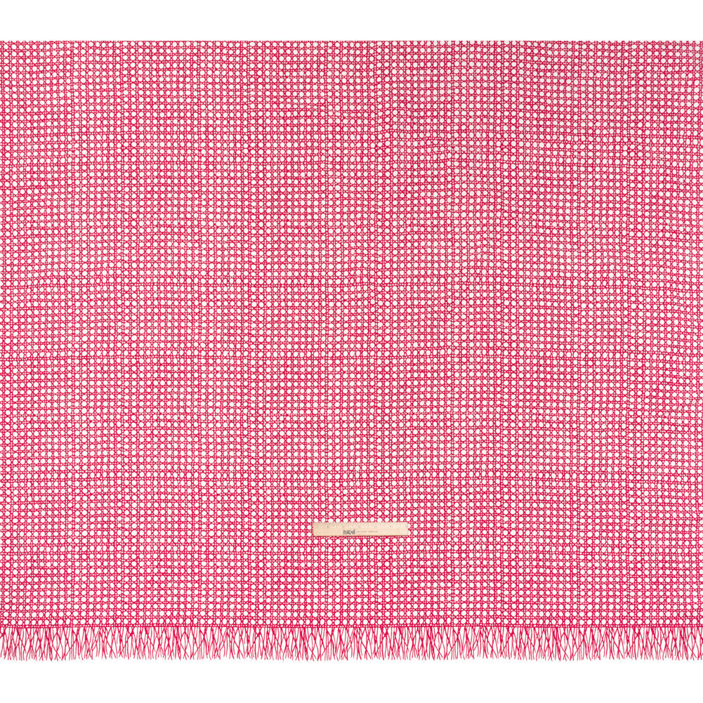 Textured Stretch Cotton Basketweave Panel by Trina Turk - Hot Pink and White Circle Grid and Printed Fringe Border - Designer Deadstock