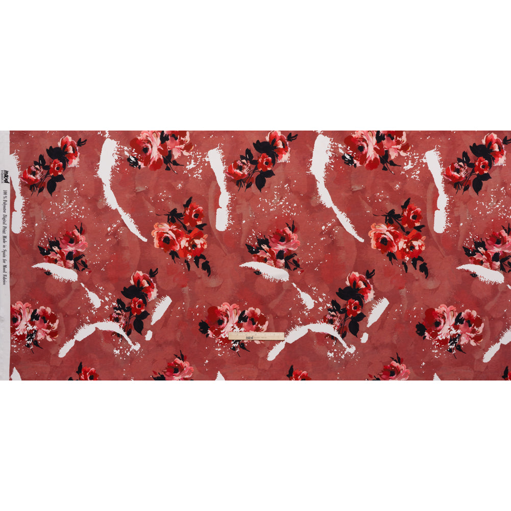 Polyester Satin - Hibiscus, Scarlet Red and Black Roses and Brushstrokes - Mood Exclusive Feel the Flow Print