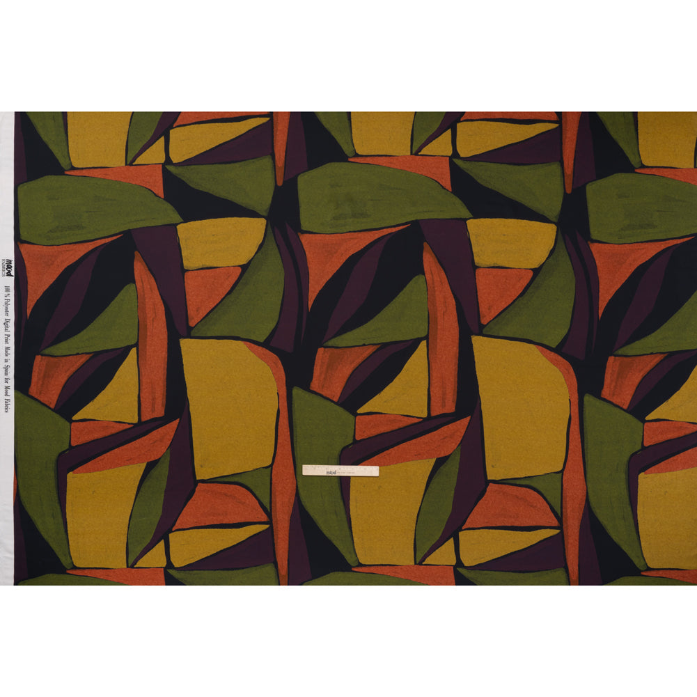 Polyester Satin - Olive Green, Aubergine and Mustard Abstract Shapes - Mood Exclusive Terra Mosaic Print