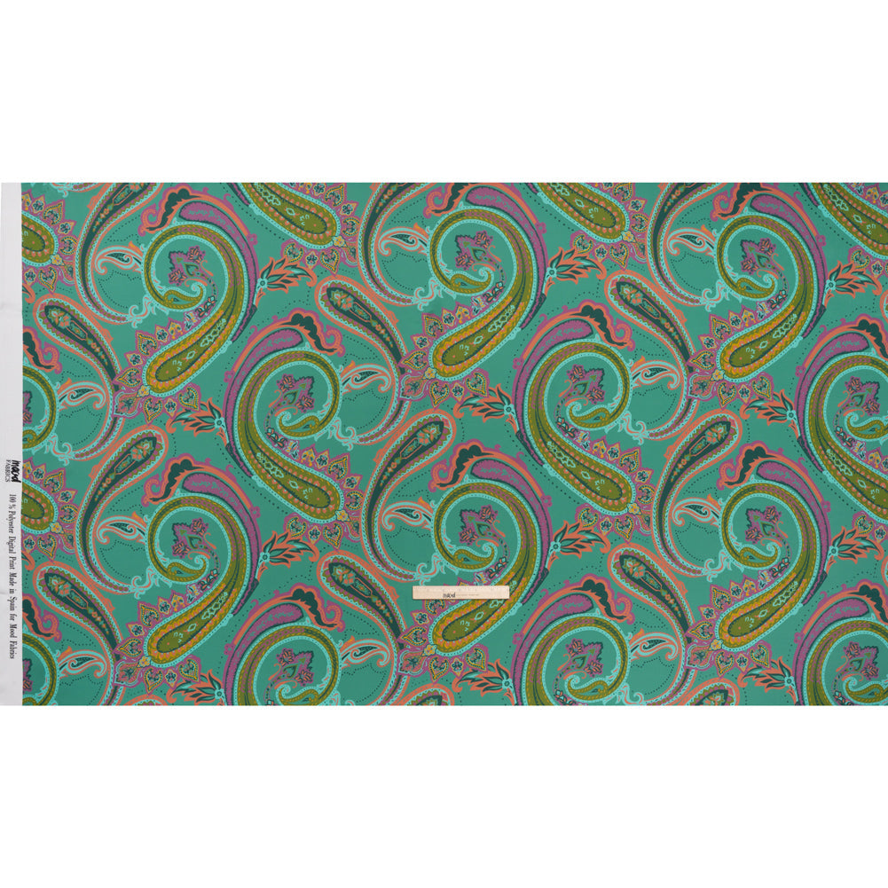 Polyester Satin - Jade Green, Dusty Magenta and Peachy Orange Paisley - Mood Exclusive Swirling Sonata Print