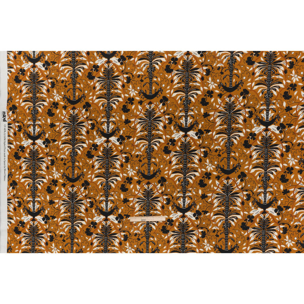 Linen and Rayon Woven - Burnt Orange, Black and White Palm Tree Stripes - Mood Exclusive Palm Prestige Print