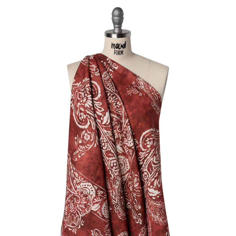 Linen and Rayon Woven - Dark Red and White Paisley and Frames - Mood Exclusive Arabesque Allure Print