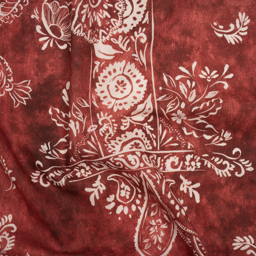 Linen and Rayon Woven - Dark Red and White Paisley and Frames - Mood Exclusive Arabesque Allure Print