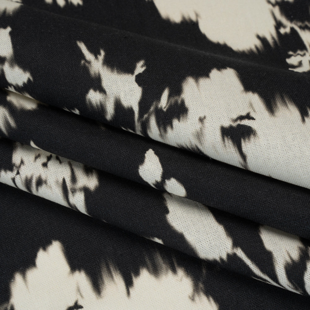 Linen and Rayon Woven - Black and Off White Ikat-Like Floral Silhouettes - Mood Exclusive Dahlia Daydreams Print