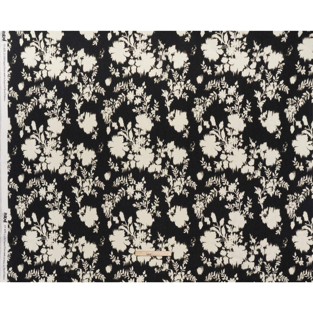 Linen and Rayon Woven - Black and Off White Ikat-Like Floral Silhouettes - Mood Exclusive Dahlia Daydreams Print