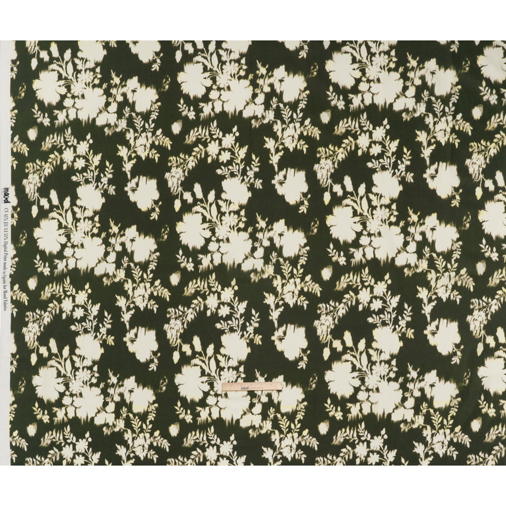 Linen and Rayon Woven - Forest Green and Off White Ikat-Like Floral Silhouettes - Mood Exclusive Dahlia Daydreams Print