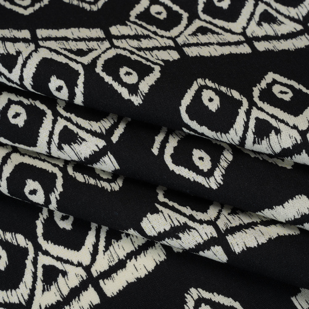 Linen and Rayon Woven - Midnight and Off White Soft Geometrics - Mood Exclusive Geo Drift Print
