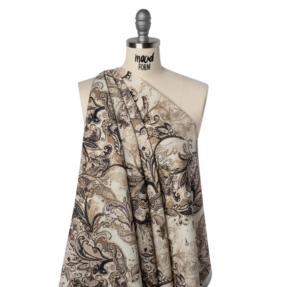 Linen and Rayon Woven - Brown, Beige and Cream Leafy Paisley Sketches - Mood Exclusive Daydream Doodles Print