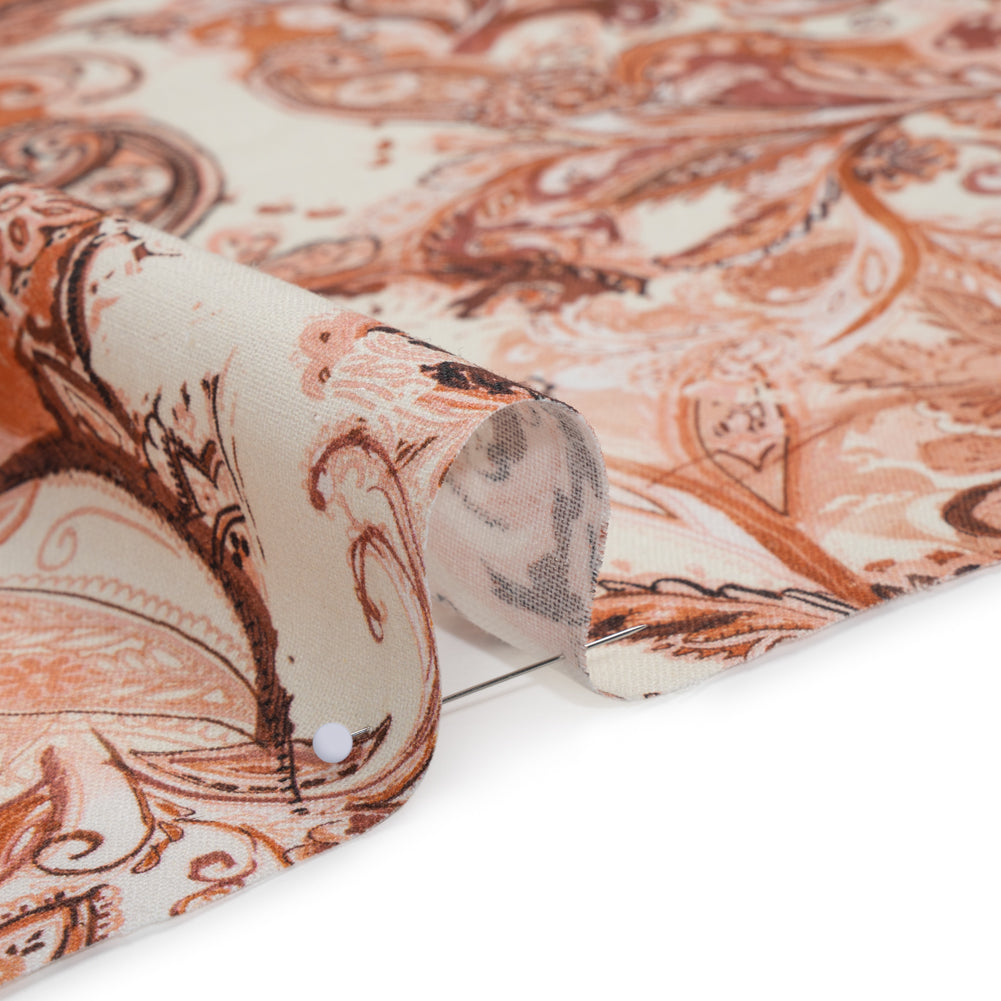 Linen and Rayon Woven - Orange, Muted Red and Cream Leafy Paisley Sketches - Mood Exclusive Daydream Doodles Print