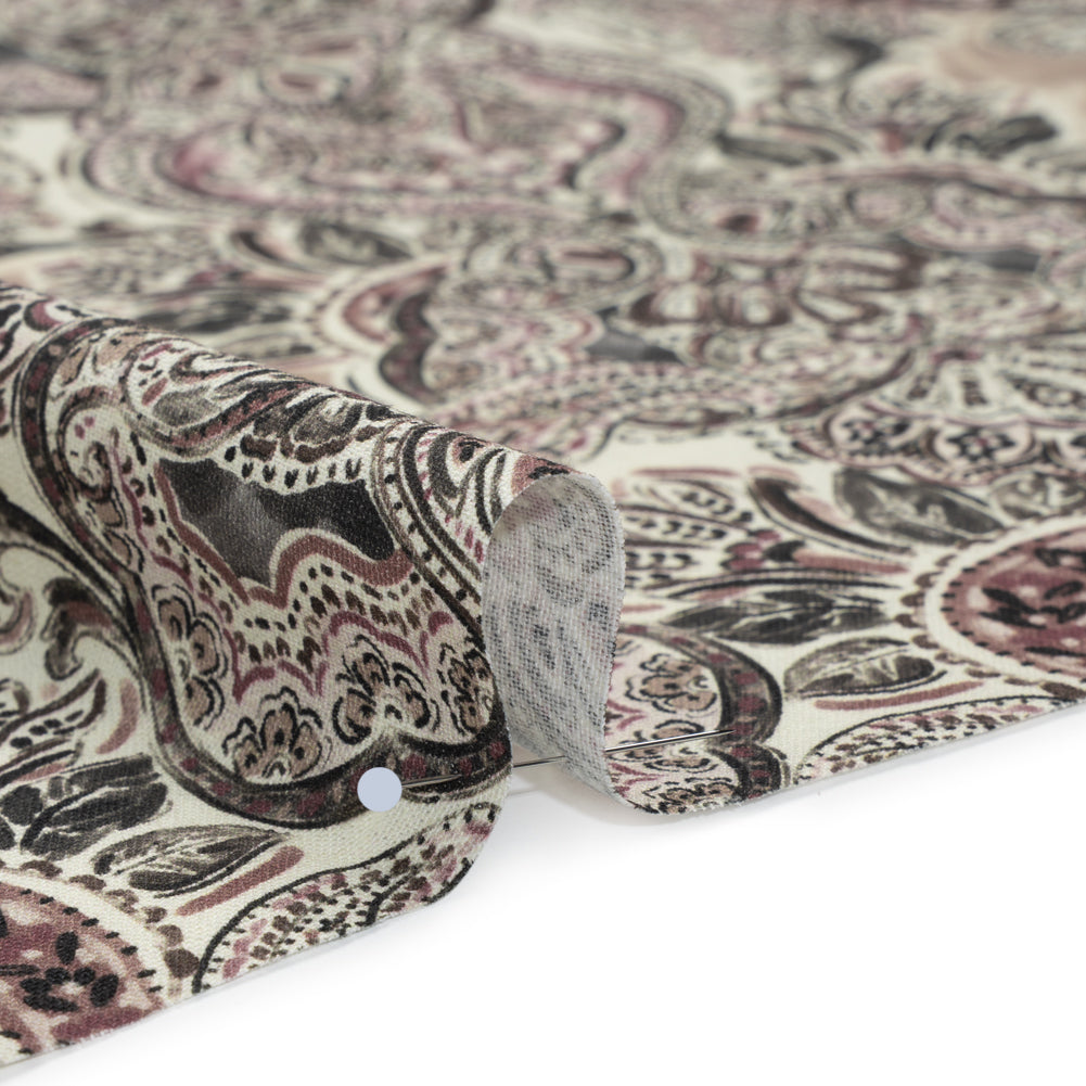Linen and Rayon Woven - Dark Gray, Beige and Dusty Pink Ornate Paisley and Floral - Mood Exclusive Boheme Blooms Print