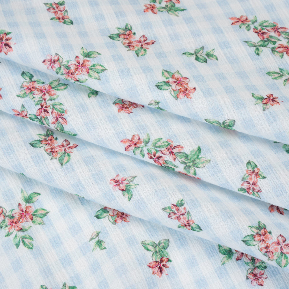 Slubbed Gauzy Cotton Woven - Pink and Green Flowers on Sky Blue Gingham - Mood Exclusive Picnic Petals Print