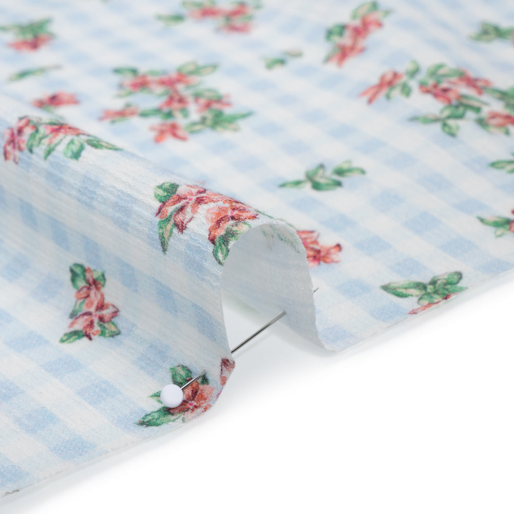 Slubbed Gauzy Cotton Woven - Pink and Green Flowers on Sky Blue Gingham - Mood Exclusive Picnic Petals Print