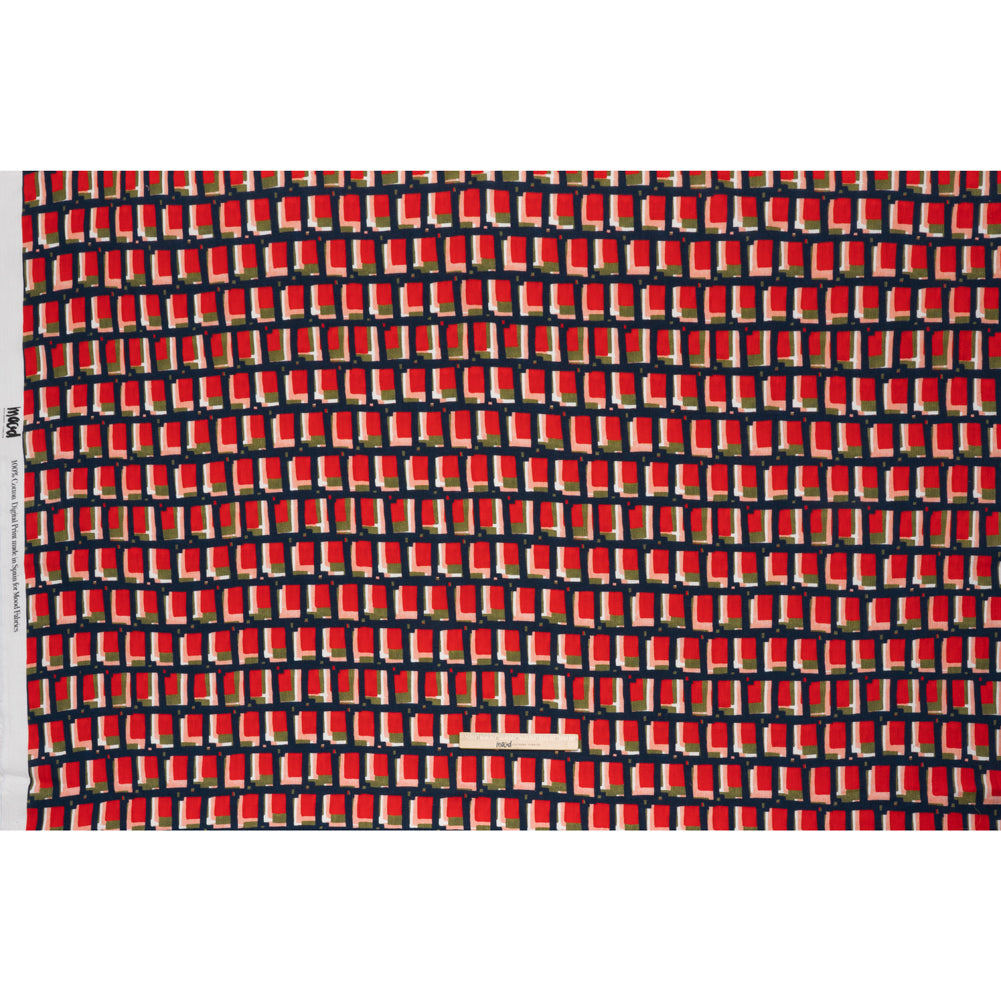 Slubbed Gauzy Cotton Woven - Red, Navy and Olive Green Geometric Blocks - Mood Exclusive Cubist Canvas Print