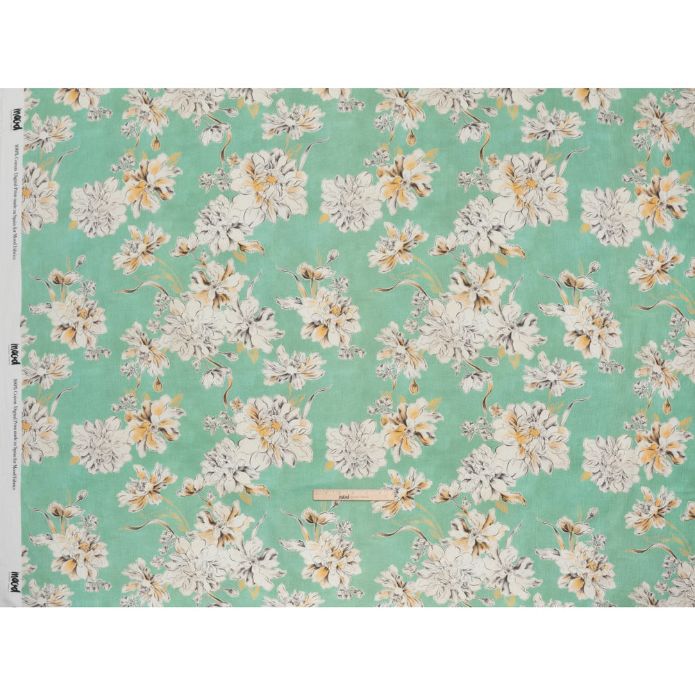 Slubbed Gauzy Cotton Woven - Mint Green, Golden Yellow and Off White Floral - Mood Exclusive Color Me Chrysanthemum Print