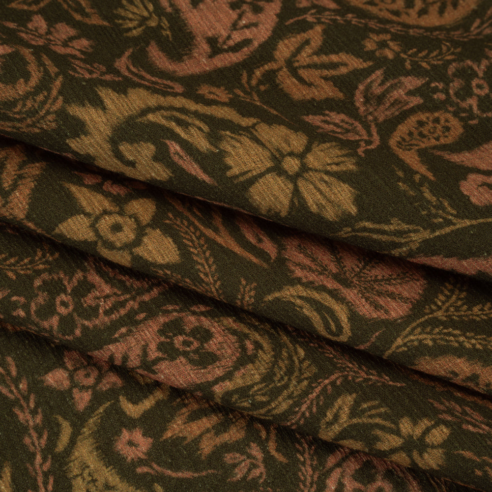 Slubbed Gauzy Cotton Woven - Dark Olive Green, Brown and Blush Tan Woodland Paisley - Mood Exclusive Woodland Whorls Print