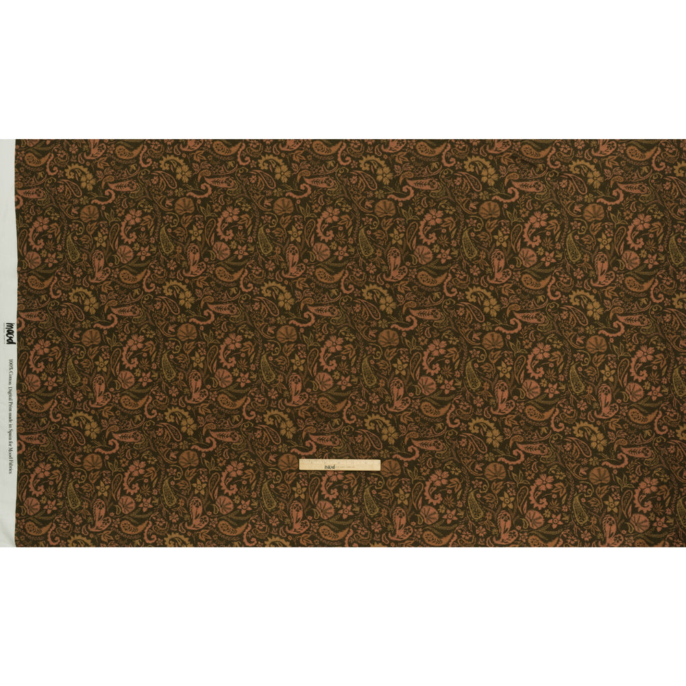 Slubbed Gauzy Cotton Woven - Dark Olive Green, Brown and Blush Tan Woodland Paisley - Mood Exclusive Woodland Whorls Print