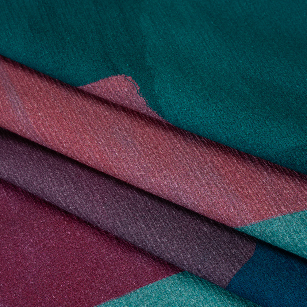 Slubbed Gauzy Cotton Woven - Teal Green, Burgundy and Magenta Painted Geometrics - Mood Exclusive Brushed Blocks Print