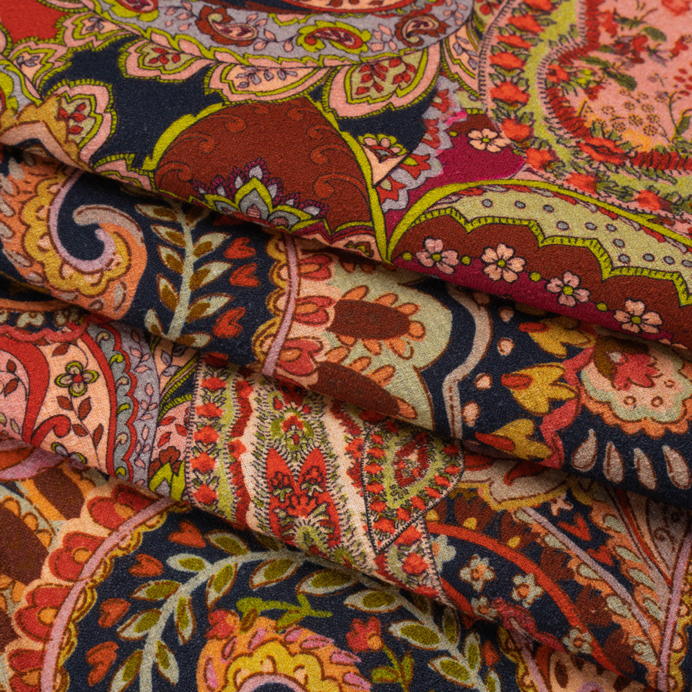 Slubbed Gauzy Cotton Woven - Lime Green, Navy Blue and Pink Paisley - Mood Exclusive Painted Paisley Print