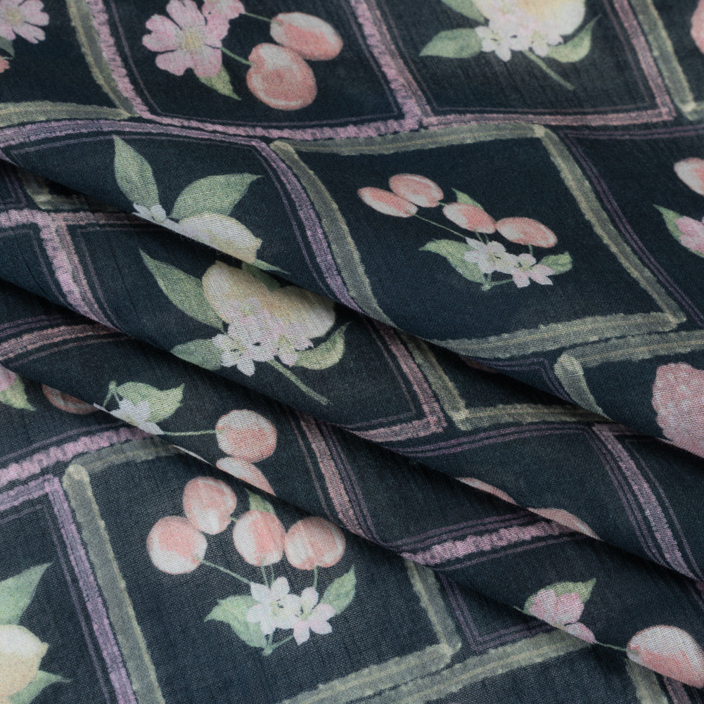 Crinkled Cotton Gauzy Woven - Pink, Yellow and Navy Fruit and Flowers in Frames - Mood Exclusive Summer Medley Print