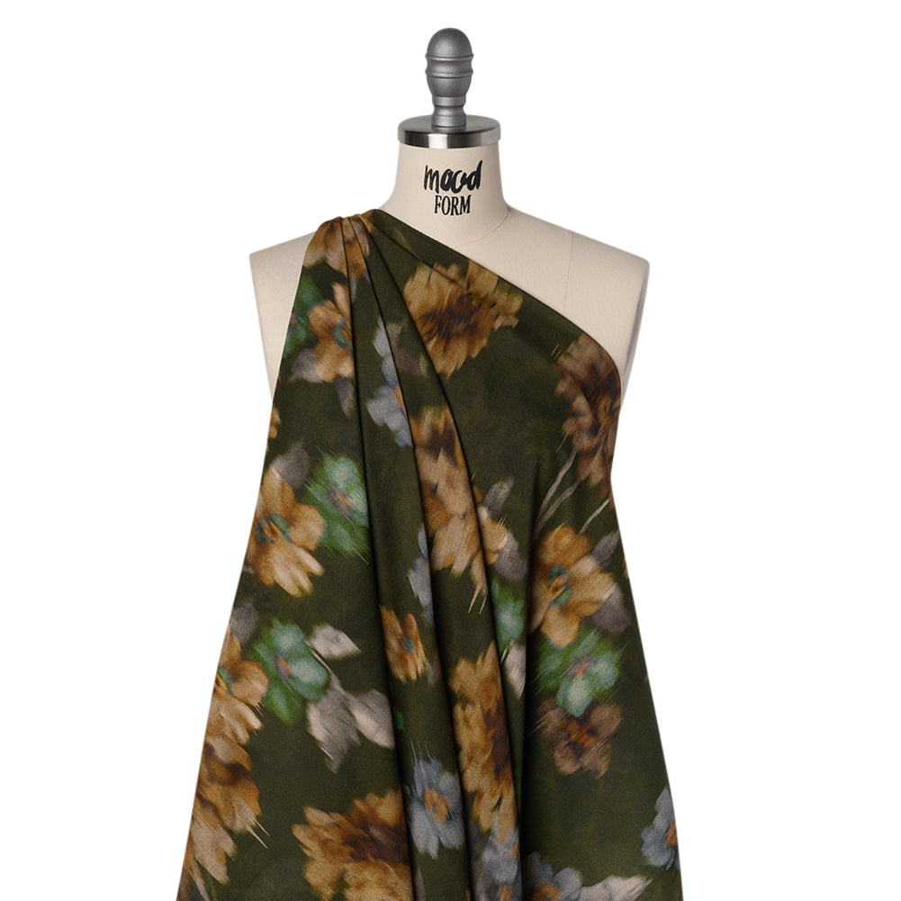 Crinkled Cotton Gauzy Woven - Olive Green, Tan and Gray Hazy Ikat Flowers - Mood Exclusive Blurred Blooms Print