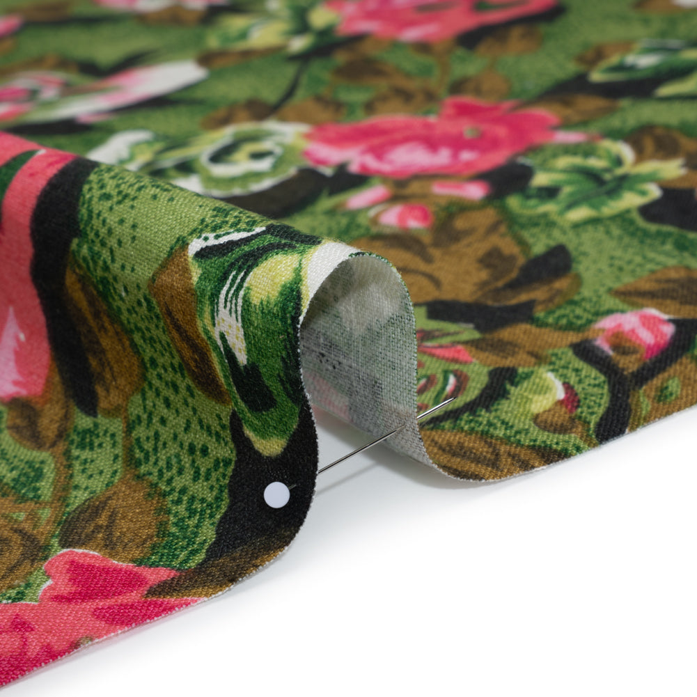 Medium Weight Linen Woven Print - Pink, Green and Brown Roses