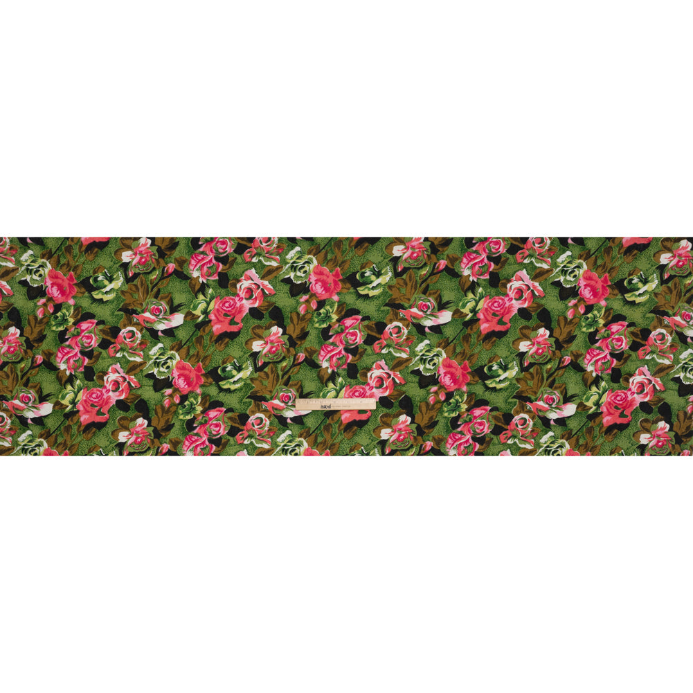 Medium Weight Linen Woven Print - Pink, Green and Brown Roses