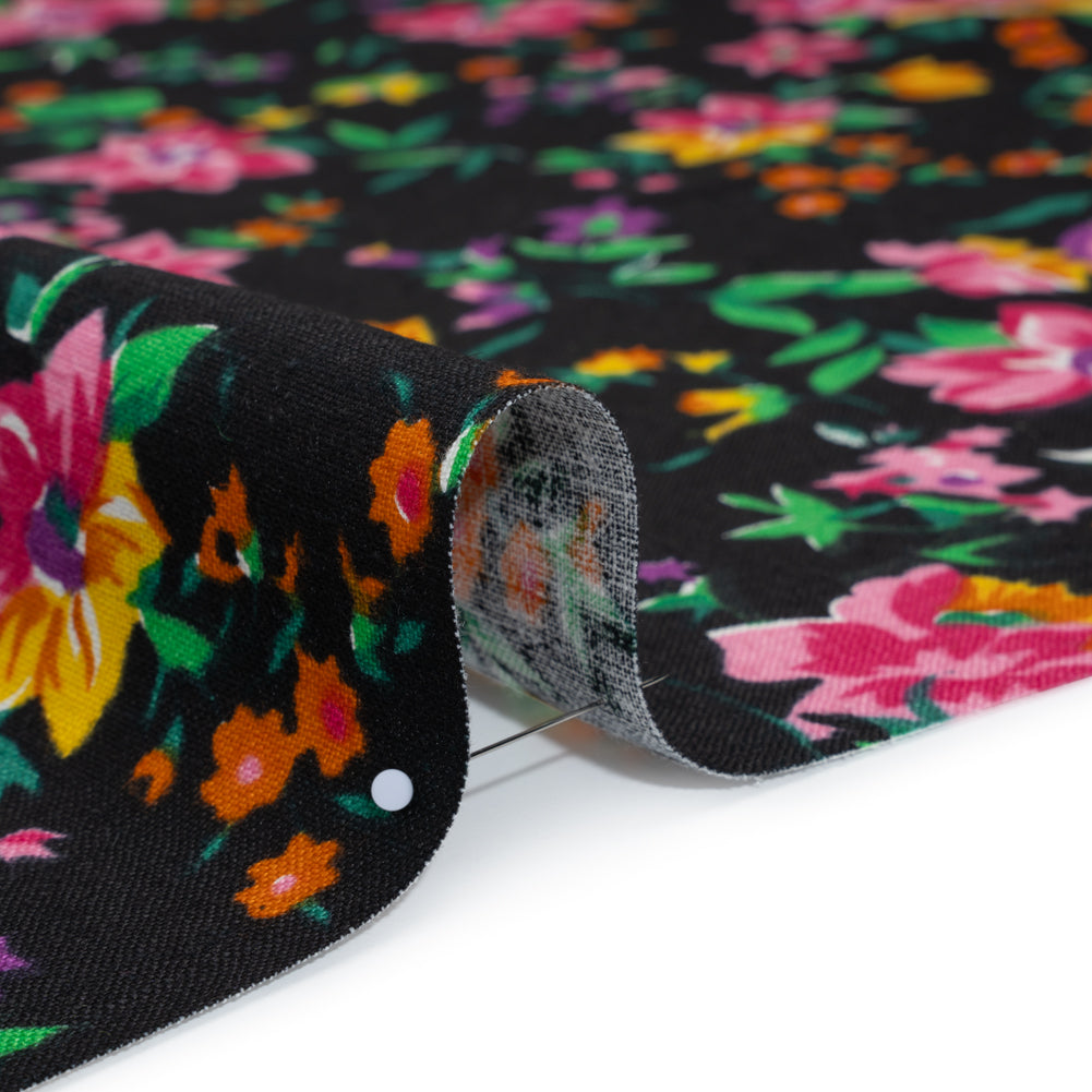 Medium Weight Linen Woven Print - Black, Pink and Purple Floral