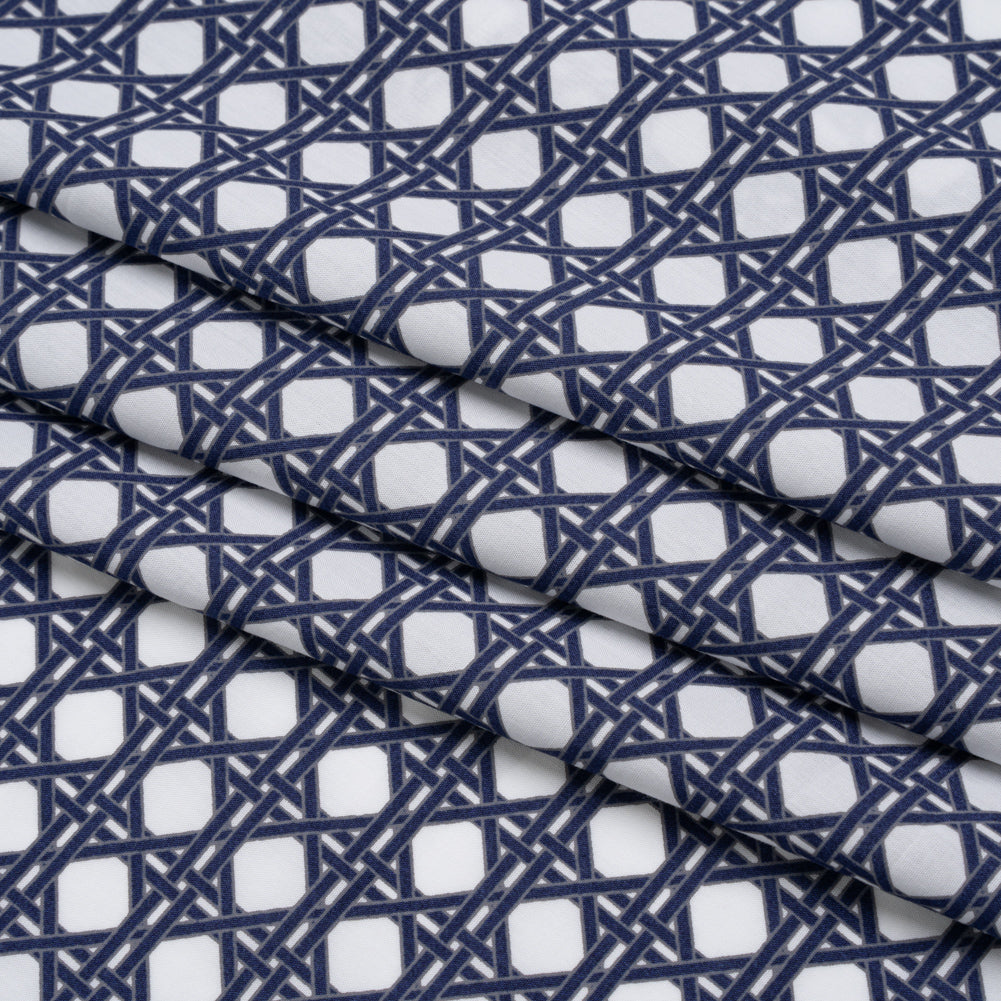 Cotton and Rayon Woven Shirting Print - Navy Blue and White Wicker Basket Lattice - Deadstock