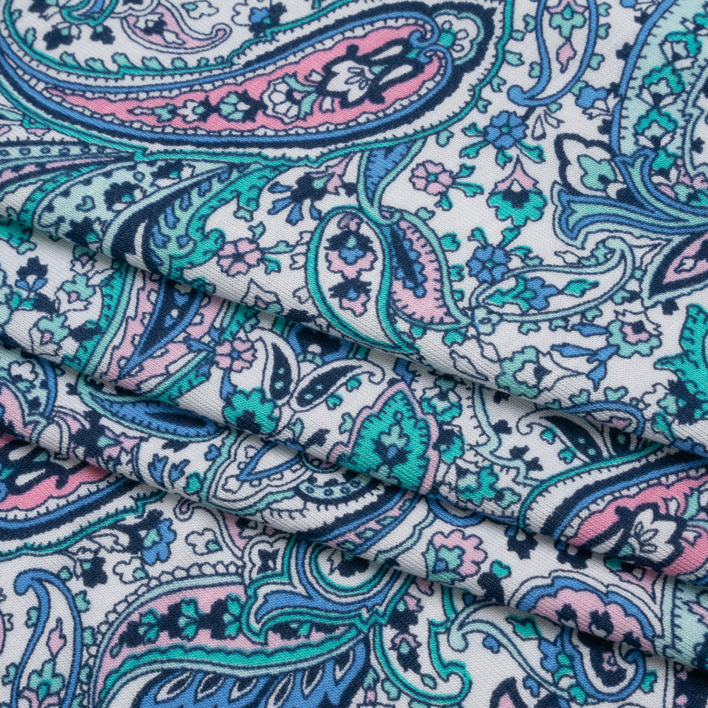 Stretch Rayon Jersey Print - Blue, Mint Green and Pink Paisley - Deadstock