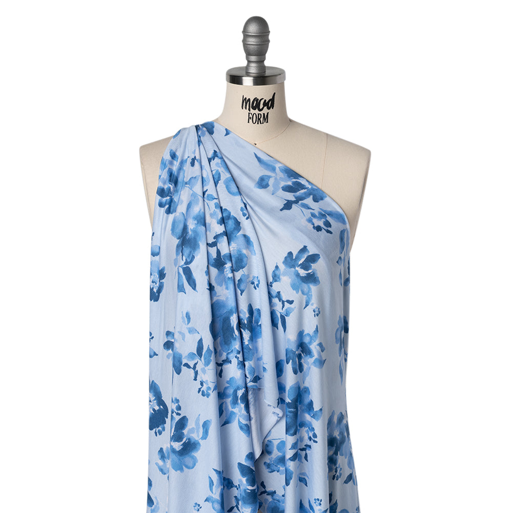 Stretch Rayon Jersey Print - Blue Tonal Watercolor Floral - Deadstock