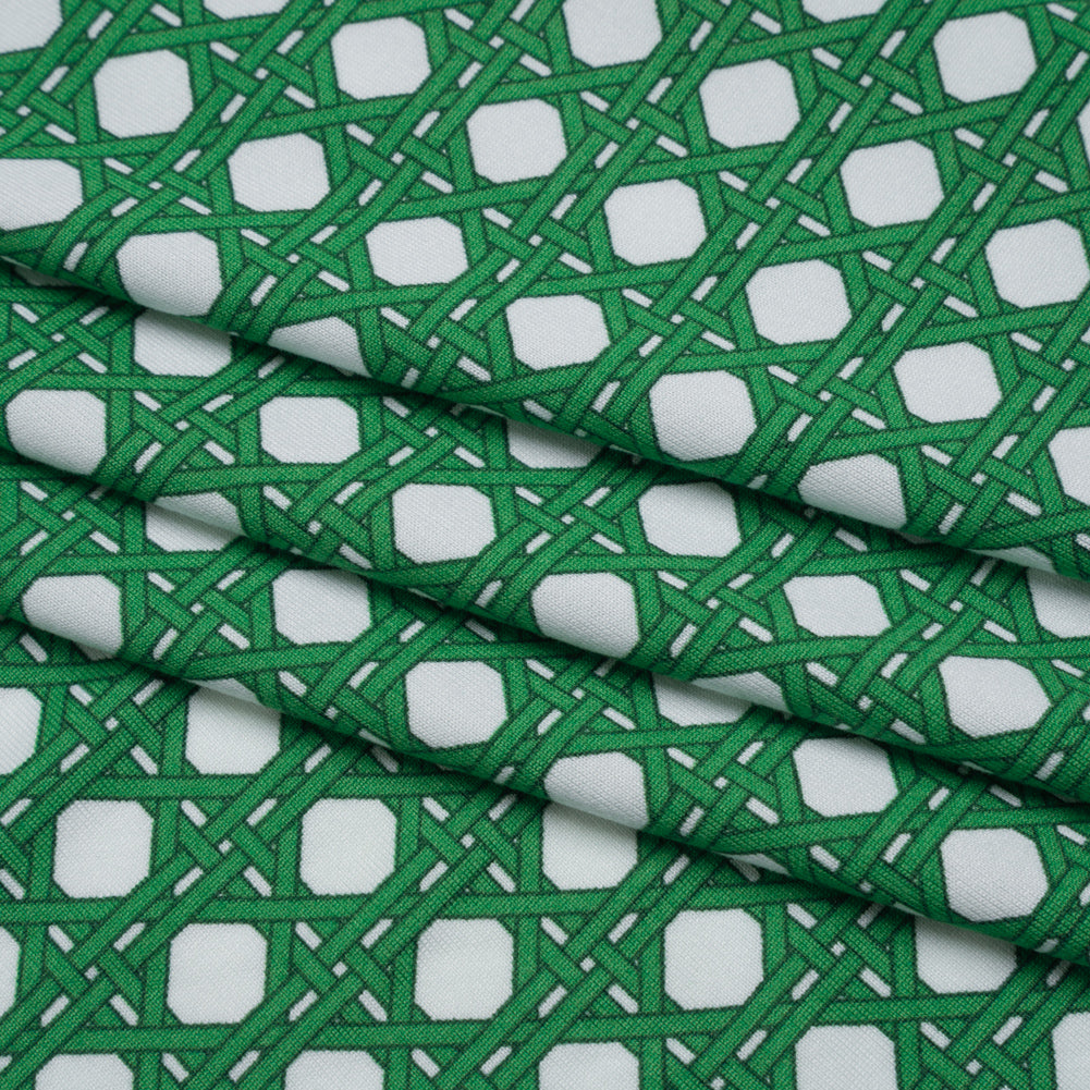 Stretch Polyester ITY Jersey - Kelly Green and White Wicker Basket Lattice - Deadstock
