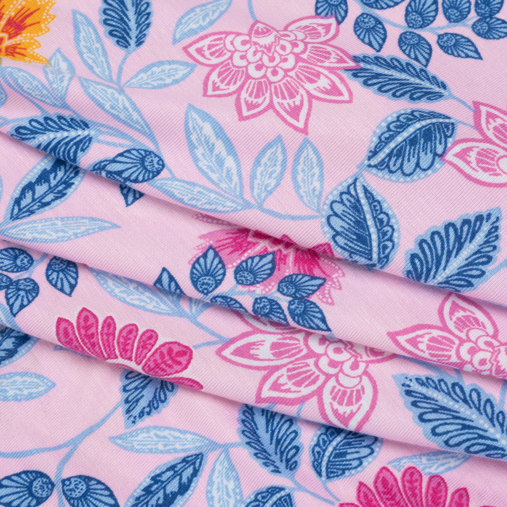 Stretch Rayon Jersey - Pink, Blue and Golden Yellow Paisley Floral - Deadstock