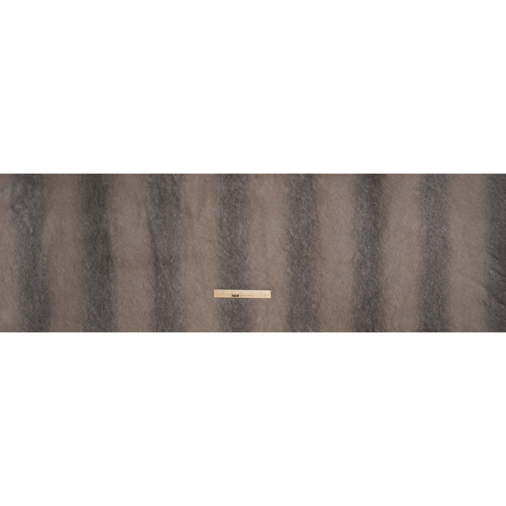 Plush Three-Tone Long Pile Recycled Polyester Faux Fur - Gray, Tan and Charcoal Soft Stripes