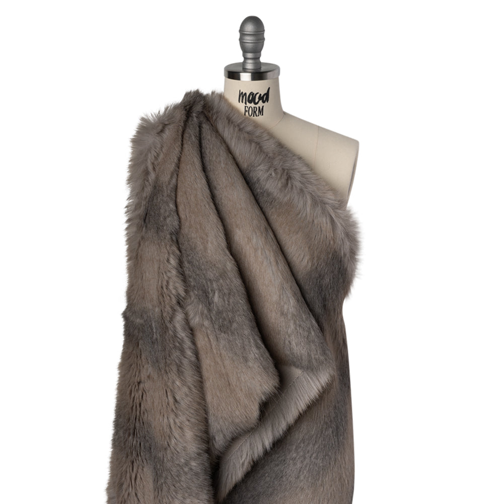 Plush Three-Tone Long Pile Recycled Polyester Faux Fur - Gray, Tan and Charcoal Soft Stripes