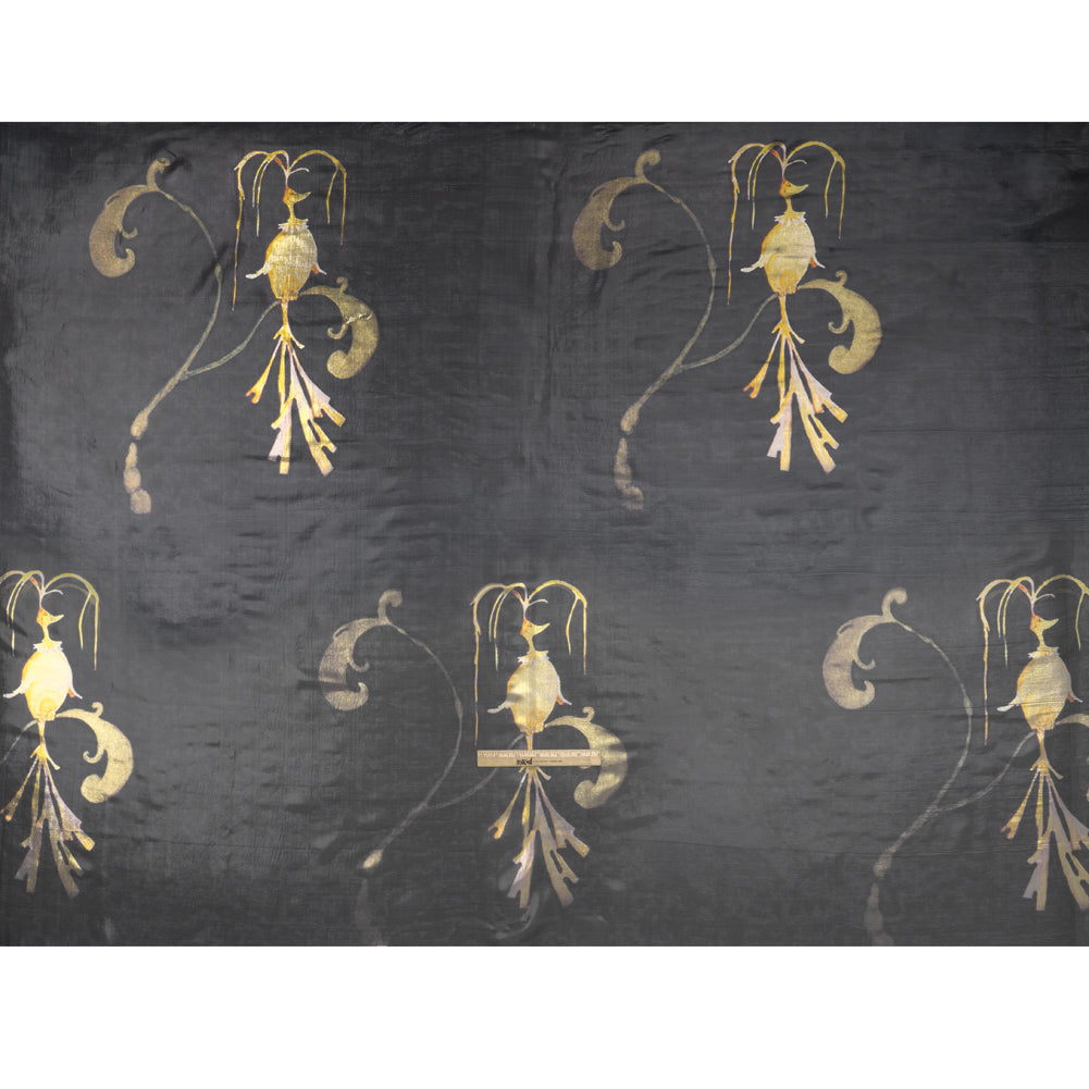 Metallic Silk Lame - Black, Silver and Gold Classical Swirls - Deadstock