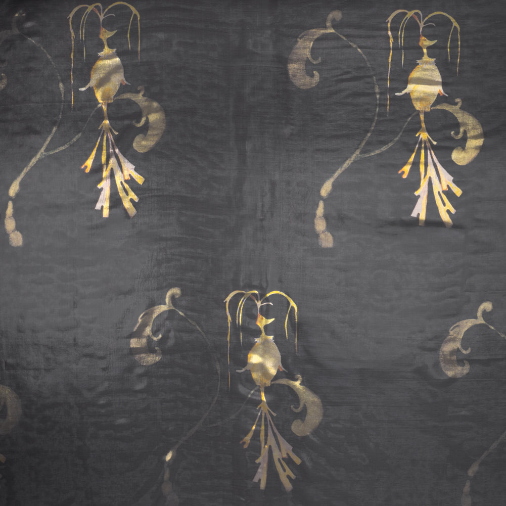 Metallic Silk Lame - Black, Silver and Gold Classical Swirls - Deadstock