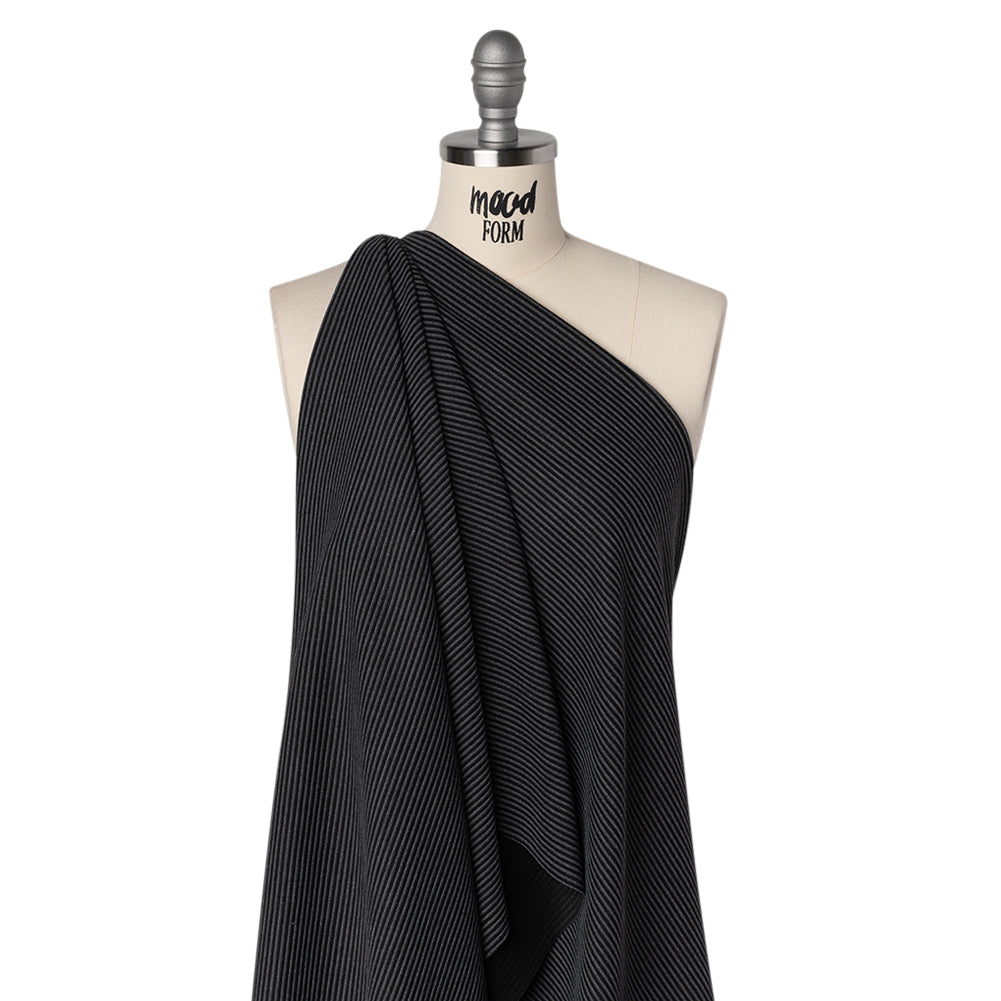 Polyester and Rayon Textured Double Knit - Black and Charcoal Ribbed Stripes - Deadstock