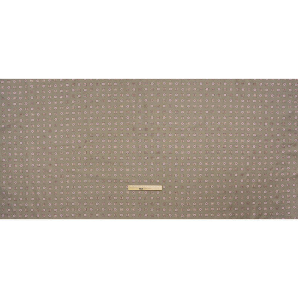 Cotton Oxford Shirting Print - Warm Gray, Baby Pink and White Medallions and Squares - Deadstock