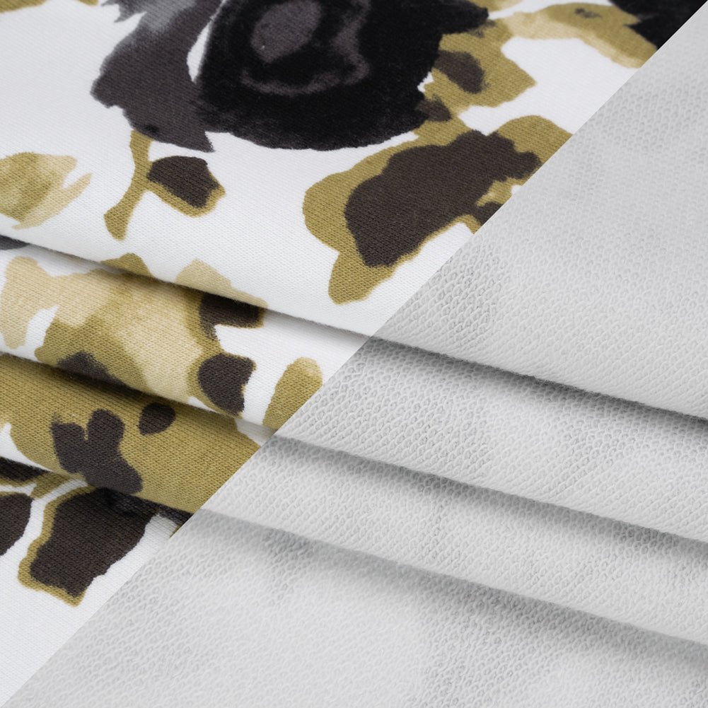 Stretch Cotton French Terry - Olive, Black and White Abstract Roses Print - Deadstock