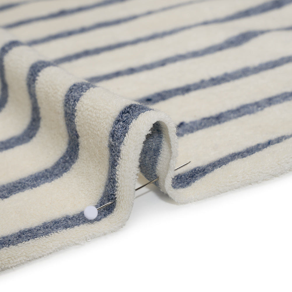 Plush Cotton Blend French Terry - Muted Blue and Off White Stripes - Deadstock